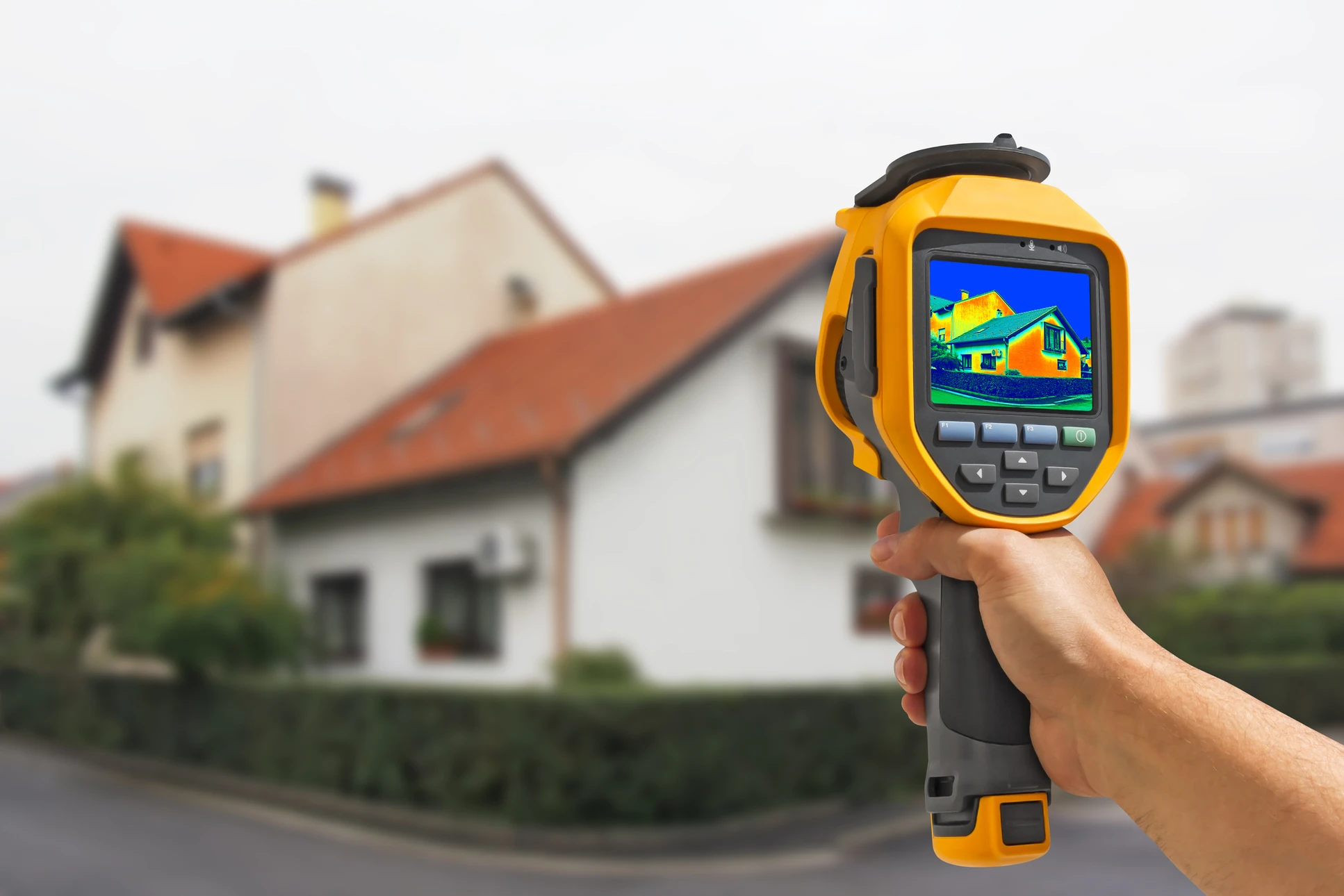 Scène extérieure avec technicien utilisant une caméra thermique infrarouge pour inspecter une maison résidentielle